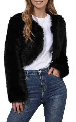 Syrads Femme Fausse Fourrure Manteau Hiver Manches Longues Ouvert Sur Le Devant Cardigan Chaud en Peluche,Noir M