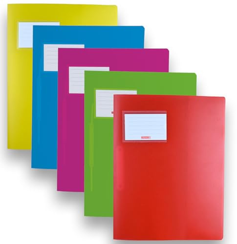 Brunnen | stabile Plastik Schnellhefter FACT!pp 5er Set für Format A4, aus transluzentem PP, mit Namensschild, mit Einstecktasche innen, rot, hellgrün, pink, azurblau und gelb (5er Set helle Farben)