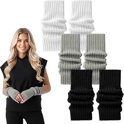 KWJEIULSOQ 3 Pairs Winter Cable Knit Arm Warmers, Pink Gray White, Soft Polyester with Thumb Hole, Stretchy Universal Fit, 30cm Length for Women Men, Gift