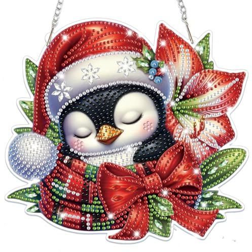 Lxmsja Weihnachten Diamond Painting Anhänger, 5D Diamond Painting Fensterbilder Pinguin für Erwachsene Kinder, Weihnachtsgeschenke Bastelset Kreativ Set Ornament Tür Fenster Wand Decor