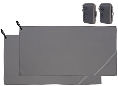 PEARL Fitness Tuch: 2er-Set Mikrofaser-Handtücher, 100 x 50 cm, Tasche, anthrazit, (Handtuch Schnell trocknend, Microfaser Sporttücher, Schwimm)