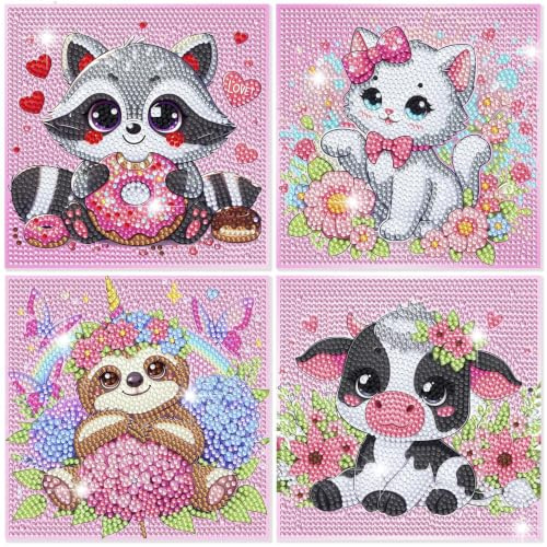 4 Pezzi Diamond Painting Kit Completo, 5D DIY Pittura Diamante, Carino Animali, Disegni con Perline da Attaccare, Hobby Creativo per Famiglia Amici e Principianti, Decorazioni Casa e Regalo (15x15 cm)