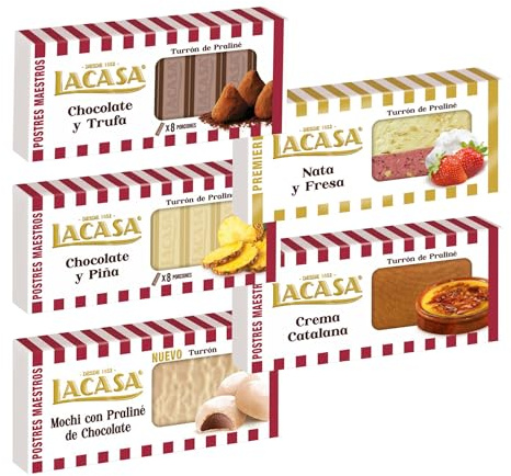 Pack Surtido 5 Turrones Lacasa:Chocolate y Piña, Cacao y Trufa, Crema Catalana, Nata y Fresa, Mochi con Praliné de Chocolate