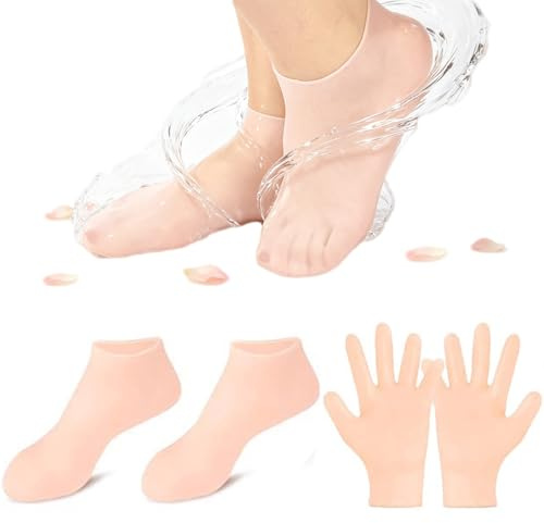VolksRose Chaussettes et Gants en Silicone Antidérapants Hydratants - Soin des Pieds et Mains avec Peeling pour Callosités - Masque Pieds et Mains Réutilisable pour Soins à Domicile - Homme et Femme