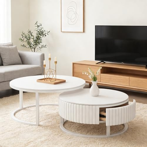 2er Set Couchtisch Rund Satztische 50+70cm Couchtisch Rund Weiss Wohnzimmertisch Weiß Mit Marmor Tischplatte Beistelltisch Mit Stauraum Modern Metallrahmen Wohnzimmer Tisch Fürs Wohnzimmer Büro
