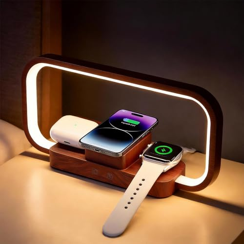 Wxeadu Bedside Lamp with Wireless Charger, 3-in-1 Touch Control Night Light with Clock, Dimmable Nightstand Lamp with 5 Color Modes, Modern Table Lamp for Bedroom, Gift for Women & Men (Brown)