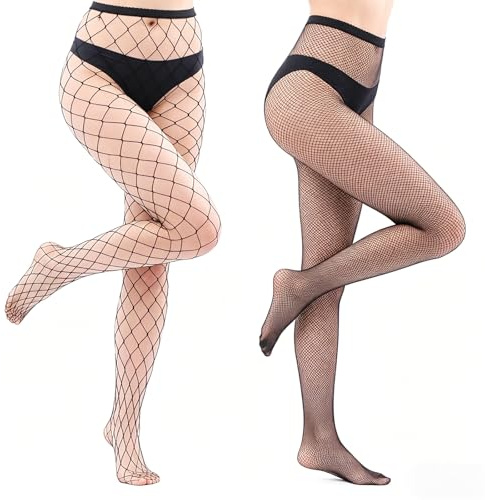 Naapesi 2 Pares Medias de Red Negras Mujer, Panty de Rejilla Talla Única, Medias de Malla Elásticas y Sexys para Disfraz, Carnaval, Fiesta y Uso Diario