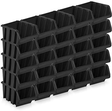 Bergland 25 Stück Sichtlagerboxen Schwarz, Größe 3 (19,5 x 12 x 9 cm), Stapelbar, Wandhalterung, Polypropylen