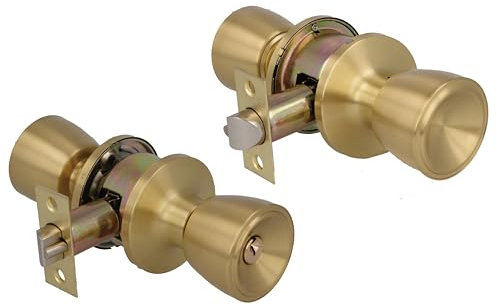 Amig - Juego de pomos tipo copa - Con llave exterior - Picaporte de entrada 60/70 mm - Canto cuadrado - Latón - Dorado Mate - Puertas de grosor de 35 a 45 mm