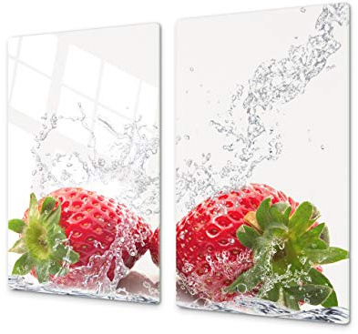 Tabla de cocina de vidrio templado - Tabla de cortar de cristal resistente – Cubre Vitro Decorativo – UNA PIEZA (60 x 52 cm) o DOS PIEZAS (30 x 52 cm); D07 Frutas y verduras: Fresa 30