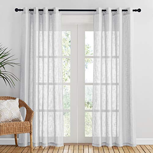 PONY DANCE Net Curtains - Linen with Cross Pattern Home Decoration Half Transparent, 132 x 210 cm (52 x 84 Inches), Light Grey, 2 Pieces