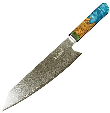 Couteau de chef Letcase Damas Kiritsuke avec manche en bois stabilisé, couteau de cuisine professionnel de 8 Inch67 couches en acier de Damas Vg10 Couteau japonais avec boîte cadeau et fourreau (bleu)