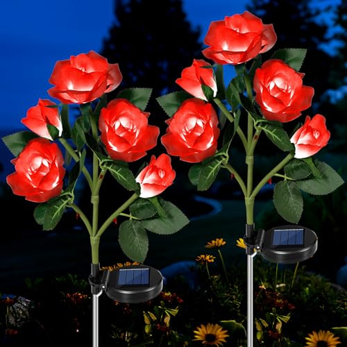 HELESIN Solar Lights Outdoor Garden, 2 Pack Flower Lights Ornaments (Red) | with 10 Brighter Red Roses, Solar Rose Stake Light s for Garden, Yard, Patio, Pathway, Weddings & Proposals