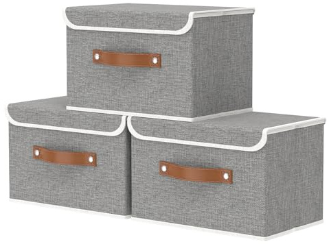 OUTBROS 3 Set Aufbewahrungsbox Stoff, 38x25x25cm Box mit Deckel, Grau | Faltbarer Aufbewahrungskorb, Ordnungsbox mit Griff, Schrank Organizer Kleiderschrank, für Kleidung