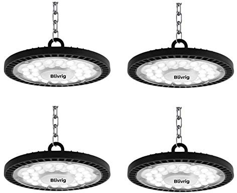 4 Stück 100W UFO LED Werkstattlampe, 10000LM Hallenstrahler 6000K Kaltweiß | IP65 Wasserdicht, 120° Strahl, 144 LEDs Superhell Industrielampe für Fabriken Garage Lagerhaus