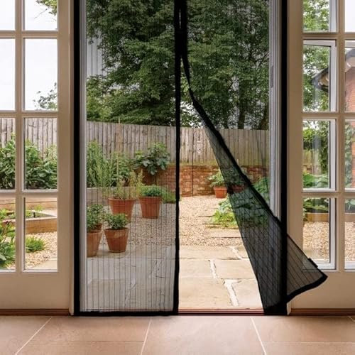 CUQOO Magnetic Screen Door Curtain - Adjustable Fly Screen Net with Magnetic Closure, Easy Installation for All Door Sizes, Fly Nets for Doors, Insect Protection Screen, Black 100 x 210cm