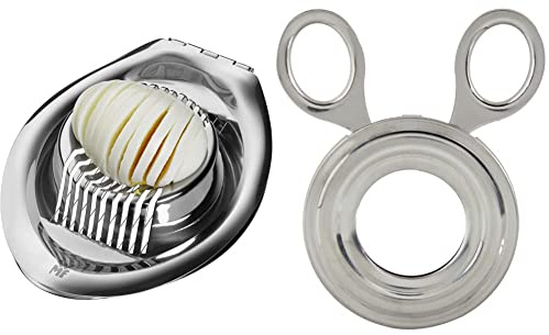 WMF Gourmet Eierschneider 15 x 11 cm, Cromargan Edelstahl poliert, spülmaschinengeeignet & Eierköpfer Gourmet Cromargan Edelstahl rostfrei spülmaschinengeeignet, 7.5 x 13.4 x 3.2 cm