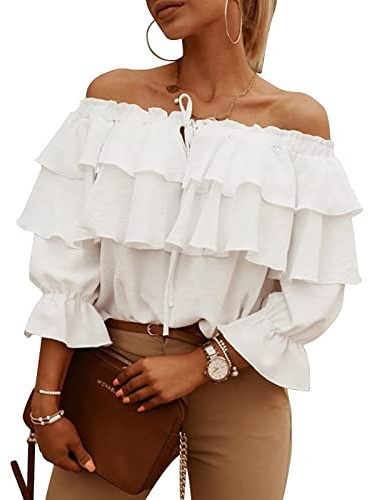 Top con Hombros Descubiertos para Mujer con Mangas de Linterna Blusa con Hombros Descubiertos Verano Casual Elegante Volantes en Capas Camisa de Manga Larga Top(XL-Blanco)