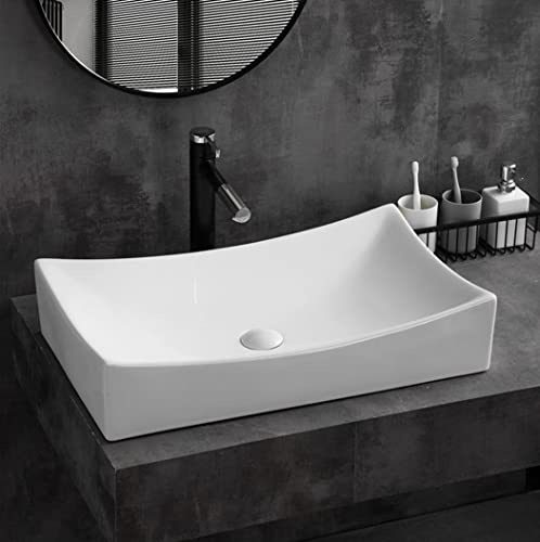SouNor Rectangle Bathroom Vessel Sink Above Counter Square Bowl Countertop 25x15 Inches Modern Contemporary Porcelain Big Large Ceramic Wash Lavatory Basin Rectangular Sinks White,25 (Large)