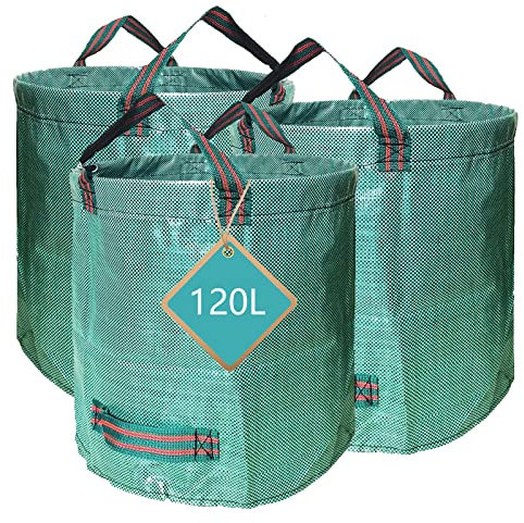 Garden Waste Bags Heavy Duty 120 Litre Reusable Outdoor Trash Garden Yard Trash Bag Foldable Camping Recycling Bags for Leaf, Trash, Debris, Strong Handles, Easy to Maneuver, 3-Pack
