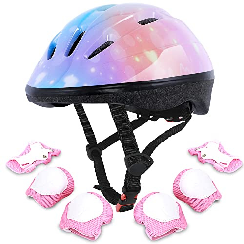 Fikomash Barnhjälm justerbar småbarn cykelhjälm dyna set för 3-5-8 år pojkar flickor med knä- och armbågsskydd handledsskydd för skateboard skridskoåkning rullskridskor cykel skyddsutrustning set