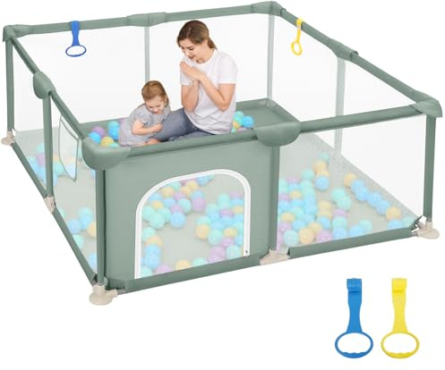 Dripex Laufstall Baby 124x124cm, Laufgitter Baby, Laufstall mit atmungsaktivem Netz, Laufgitter 210D Oxford Gewebe, Playpen, kinderlaufstall, Grün | BPA-frei, stabiler Metallrahmen mit Baumwolle, atmungsaktives Mesh, 210D Oxford, 2 Tragegriffe, für Babys & Kleinkinder