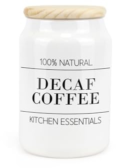 Purely Home Minimalist Ceramic Decaf Coffee Canister - Simplistic Black & White Kitchen Food Storage Container & Wooden Lid 600ml (14.5cm x 9.5cm)