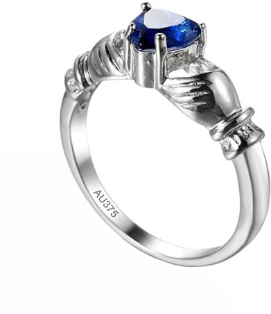 AMDXD Echt Schmuck Partnerringe Weißgold 9 Karat 375, Claddagh-Hand Freundschaftsringe mit Labor Erstellt Saphir Blau, Ring 9K Gold, Gr.49 (15.6)