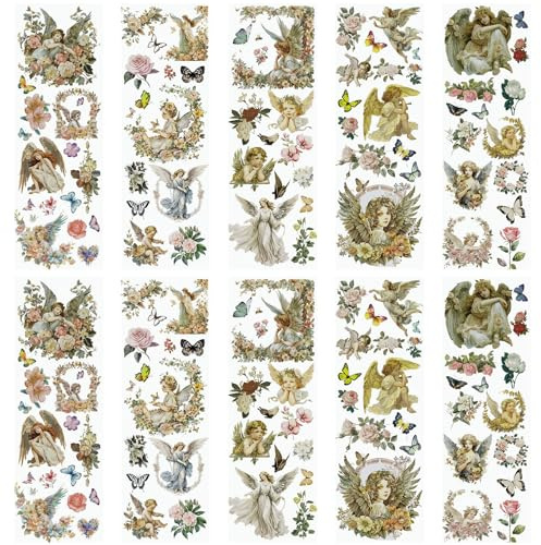 WANDIC 10 Blatt Transfer-Aufkleber, Vintage-Blumen und Engel-Thema für Möbel, Tisch, Wasserflasche, Basteln, 30 x 9,9 cm