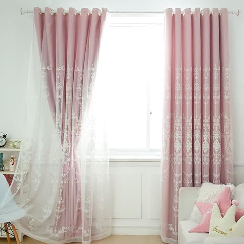 Homxi Gardinen Schlafzimmer Blickdicht 2er Set,2 x 107W x 183H cm,Gardinen Kinderzimmer Blickdicht Rosa Doppellagig mit Blumenstickerei Vorhänge Wohnzimmer mit Ösen