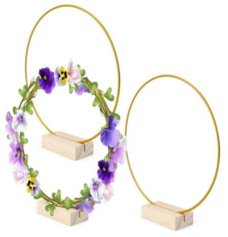 0XBIT Cerchio Metallo con Base, 3 Pezzi Cerchi per Bomboniere, 20 cm Cerchio Ferro per Ghirlanda con Base in Legno per Decorazione Tavola Nuziale, Decorazione Natalizia