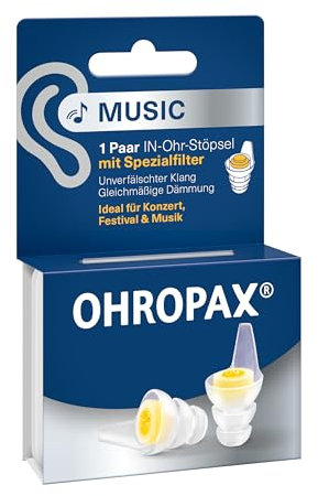 OHROPAX Music Ohrstöpsel – mit Spezialfilter – unverfälschter Klang bei gleichmäßiger Dämmung – Schalldämmwert SNR 19 dB – ideal für Konzerte – 1 Paar mit eingesetztem Filter + 1 kleineres Stöpselpaar