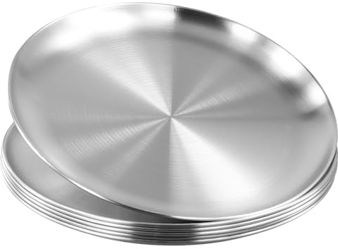 FUNSUEI 6 Stück 26 cm Edelstahl Teller, Edelstahl Rundes Geschirr Camping Edelstahlteller, Silber Unterteller Rund Servierteller für Camping, Küche, Party