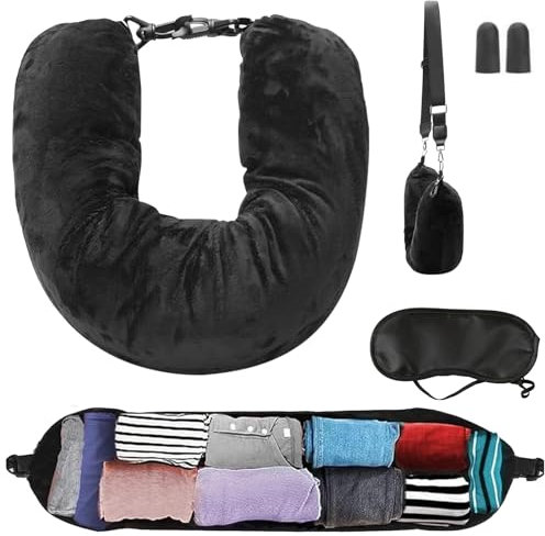 Celiodd Nackenkissen Flugzeug Befüllbares Nackenkissen Befüllbar Schwarzes Nylon Ohne Füllstoff Reisekissen Flugzeug Reiseaufbewahrungstasche U-Förmiges Reisekissen mit Augenmaske und Ohrstöpseln
