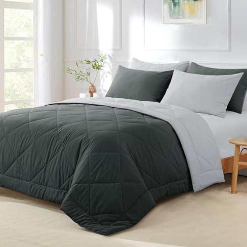 Aisbo Coverless Duvet King Size 4.5 Tog - 230 x 220cm, Dark Gray Summer Duvet, Cosy and Lightweight Quilt, Reversible Comforter with 2 Pillowcases, Dark Grey/Light Grey