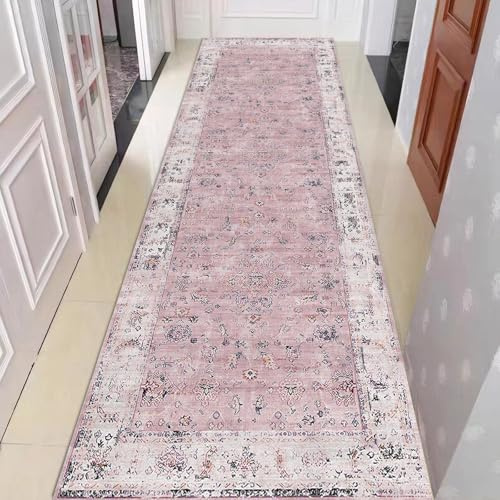 Hibate Boho Kurzflor Küchenteppich Waschbar rutschfest Küchenläufer Teppich Flur Flurteppich Läufer Lang für Küche Schlafzimmer Kitchen Laundry Room Bathroom 60 x 180 cm, Pink
