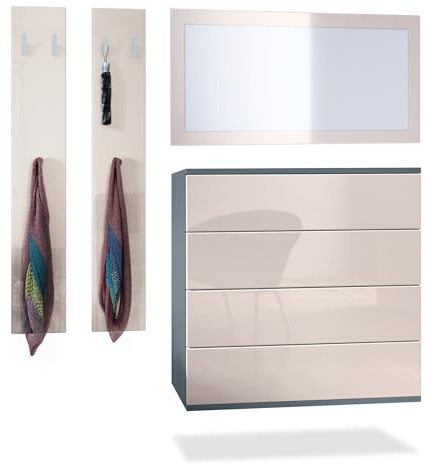 Vladon Garderoben-Set Horizon, bestehend aus 1 Kommode mit 4 Schubkästen, 1 Spiegel und 1 Wandpaneel Set, Anthrazit matt/Sandgrau Hochglanz