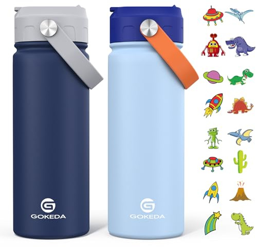 GoKEDA 18oz Kids Water Bottle, 2 Pack Insulated Bottles with Stickers, 18/8 Stainless Steel Vacuum Leak Proof Straw Cup for School, Gifts for Boys(Light Blue, Dark Blue)