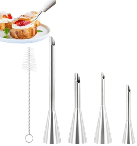 4 pcs Beccucci per Sac a Poche in Acciaio Inox, Ugelli A Sbuffo, Bocchetta per Farcire per Cupcake Donuts, Ugello di Riempimento Lungo, Pasticceria Accessori con Spazzola per Pulizia (4 pcs)