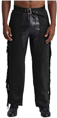 Xnihocha Mens Western Cowboy Chaps Fancy Dress Costume Tassels Open Crotch Western Pants Suede Fringe Trousers Black S