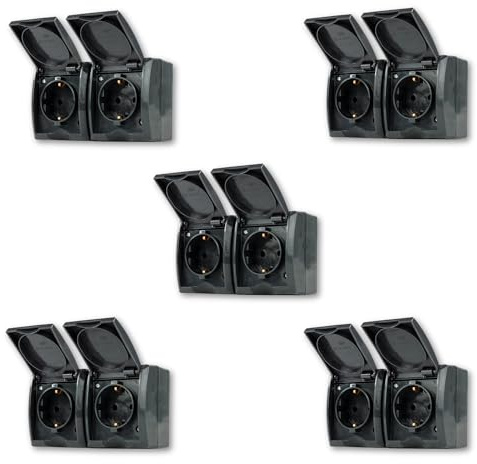 REV AquaForm SPARSET - 5x Doppelsteckdose - Feuchtraumsteckdose, IP44, Aufputz, waagerecht, anthrazit