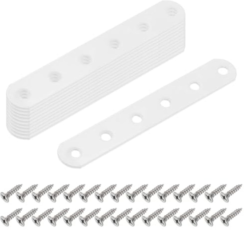 QUARKZMAN 10 Pcs Soportes Planos Rectos 115mm x 5mm Placa De Hierro Blanco | Placas De Refuerzo Reparación Fijación Unión Conector, Con Tornillos, Para Muebles De Madera