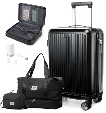 WEPOET Maleta Cabina al Vacío con Bomba Incluida, Maleta Rígida Trolley de Cabina con Sistema de Compresión al Vacío, Maleta de Cabina Carry On 4 Ruedas Giratorias 360°(Negro)