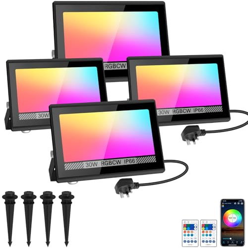 NATPOW LED Flood Lights 30W, Disco Lights RGB Smart Colour Changing LED Floodlights Outdoor with Remote&APP Control, IP66 Waterproof Timed Garden Lighting for Decoration Party Halloween(4Packs)