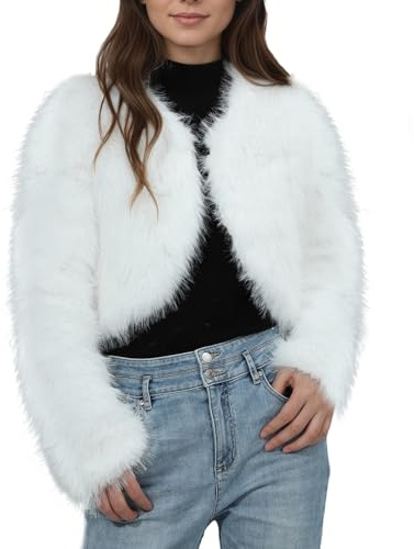 Jywmsc Abrigo de Piel Sintética para Mujer Chaqueta Corta Abrigo Corto y Mullido de Invierno Cárdigan de Manga Larga