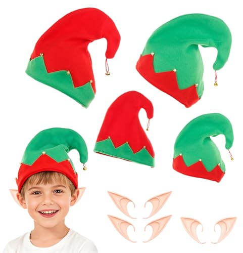 Snyvpra Wichtelmütze 4er Set – Lustige Wichtelmützen Für Familie Und 4 Elfenohre, Elfenmütze Erwachsene & Kind, Weiche Weihnachtsmütze Für Gruppenfotos, Party & Weihnachten Familienfeier
