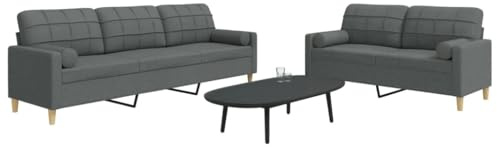 2-tlg. Sofagarnitur Set Dunkelgrau mit Dekokissen, Wohnzimmer Couchgarnitur aus weichem Polyester Stoff, bequemes 2-Sitzer und 3-Sitzer Sofa Set für gemütliches Entspannen und Fernsehen