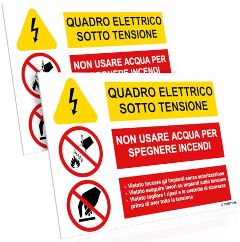 PRINTIMA 32x21 cm set 2 cartelli quadro elettrico sotto tensione, non usare acqua per spegnere incendi, segnaletica di sicurezza con set di montaggio incluso per aziende