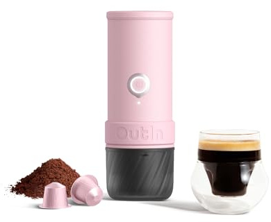 OutIn Mino Portable Electric Espresso Machine, Mini Camping Coffee Maker for Travel, Pocket Sized Coffee Machine Self-Heating, Ground Coffee & NS Capsule Adapter For Adventure