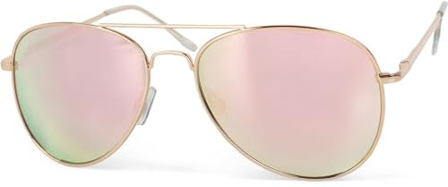 styleBREAKER Unisex Pilotenbrille Sonnenbrille Polycarbonat Gläser, Metall Vollrand Gestell mit Federscharnier 09020037, Farbe:Gestell Gold/Glas Pink verspiegelt